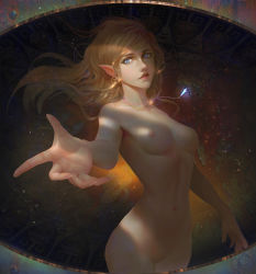 Rule 34 | 1girl, absurdres, amulet, blonde hair, blue eyes, breasts, breasts apart, cg-d, collarbone, cowboy shot, crystal, dark background, elf, highres, jewelry, legs together, long hair, looking at viewer, medium breasts, navel, necklace, nipples, nude, original, parted lips, pointy ears, reaching, reaching towards viewer, solo, standing