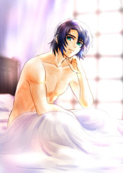 Rule 34 | 1boy, athrun zala, backlighting, bed sheet, blue hair, blurry, blurry background, closed mouth, collarbone, green eyes, gundam, gundam seed, indoors, leaning forward, looking at viewer, male focus, nude, parubinko, smile, solo, under covers