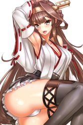 Rule 34 | 10s, 1girl, armpits, ass, bare shoulders, black thighhighs, boots, breasts, cleavage, detached sleeves, double bun, female focus, hair between eyes, hair bun, hairband, it&#039;s ok to touch, japanese clothes, kantai collection, kongou (kancolle), large breasts, long hair, lying, miniskirt, nontraditional miko, on side, open mouth, panties, pantyshot, simple background, skirt, solo, thigh boots, thighhighs, thighs, tongue, tongue out, underwear, wide sleeves, yapo (croquis side)