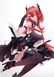 Rule 34 | 1girl, absurdres, alternate eye color, arknights, belt, black belt, black dress, black footwear, black gloves, black thighhighs, breasts, cleavage, commentary request, dress, gloves, hair between eyes, hair intakes, high heels, highres, horns, large breasts, long hair, looking at viewer, open mouth, partial commentary, pouch, red eyes, red hair, solo, surtr (arknights), thighhighs, tsumiki (12756023), very long hair