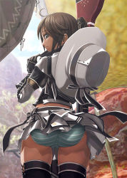 Rule 34 | 1girl, ahoge, ass, blouse, boots, brown eyes, brown hair, capcom, cowboy shot, elbow gloves, gloves, green panties, gun, hat, highres, lace, lace-trimmed panties, lace trim, lien (armor), looking back, miniskirt, monster hunter (series), panties, pantyshot, pleated skirt, revision, rifle, shirt, skirt, solo, standing, striped clothes, striped panties, thigh boots, thighhighs, trefoil, underwear, upskirt, v-mag, weapon, wind, wind lift