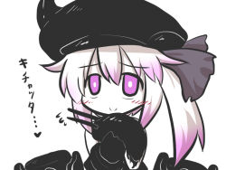Rule 34 | 10s, 1girl, abyssal ship, blush, colored skin, commentary request, destroyer princess, goma (gomasamune), gradient hair, hair ribbon, happy, hat, holding, kantai collection, light purple hair, multicolored hair, purple eyes, ribbon, side ponytail, simple background, sketch, smile, solo, translation request, white hair, white skin