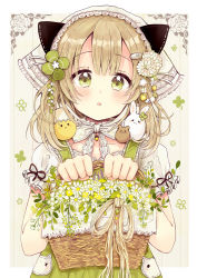Rule 34 | 1girl, :o, absurdres, animal, animal ear headphones, animal ears, animal on shoulder, basket, bird, blonde hair, blush, bouquet, bow, bowtie, cat ear headphones, cat ears, chick, clover hair ornament, commentary request, dress, fake animal ears, flower, four-leaf clover hair ornament, frilled shirt collar, frilled sleeves, frills, green eyes, hair flower, hair ornament, hairclip, hamster, head scarf, headphones, highres, holding, holding basket, lace trim, looking at viewer, md5 mismatch, niikura kaori, original, rabbit, resolution mismatch, source larger, upper body, white bow