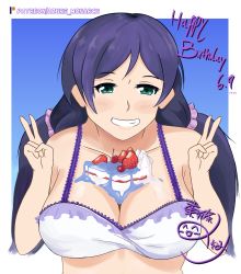 Rule 34 | 10s, 1girl, absurdres, artist name, azure monarch, blush, breasts, cake, cherry, cleavage, female focus, food, food on body, food on breasts, fruit, green eyes, highres, large breasts, long hair, looking at viewer, love live!, love live! school idol festival, love live! school idol project, purple hair, solo, strawberry, tojo nozomi, twintails, upper body