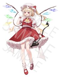 Rule 34 | 1girl, back bow, blonde hair, bobby socks, bow, breasts, crystal, flandre scarlet, frilled shirt collar, frilled skirt, frilled sleeves, frills, full body, hair between eyes, hat, hat ribbon, highres, holding, holding polearm, holding weapon, laevatein (touhou), large bow, mary janes, medium hair, multicolored wings, one side up, polearm, puffy short sleeves, puffy sleeves, red eyes, red footwear, red ribbon, red skirt, red vest, ribbon, sample watermark, shirt, shoes, short sleeves, simple background, skirt, skirt set, small breasts, socks, solo, suikario, touhou, vest, watermark, weapon, white background, white bow, white hat, white shirt, white socks, wings, wrist cuffs