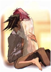 Rule 34 | 1boy, 1girl, alternate costume, barefoot, between legs, black hair, brown pants, chinese commentary, closed eyes, collared shirt, commentary, couple, fudo yusei, grey shirt, hand on another&#039;s ass, hand on another&#039;s back, hand on another&#039;s neck, hetero, highres, indoors, izayoi aki, kneeling, long sleeves, multicolored hair, naoki (2rzmcaizerails6), no pants, open clothes, open shirt, pants, purple hair, shirt, short hair, sitting, spiked hair, streaked hair, sweatdrop, twilight, white shirt, yu-gi-oh!, yu-gi-oh! 5d&#039;s