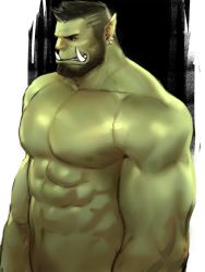 Rule 34 | 1boy, abs, arm hair, bara, beard, chest hair, colored skin, completely nude, dopey (dopq), earrings, facial hair, fangs, green skin, highres, jewelry, large pectorals, looking to the side, male focus, mature male, monster boy, muscular, muscular male, mustache, nipples, nude, orc, original, pectorals, pointy ears, short hair, solo, stomach, thick eyebrows, upper body