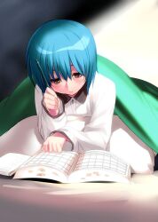 Rule 34 | 1girl, blue hair, blush, book, casual, closed mouth, eyebrows hidden by hair, hair between eyes, hair down, hand up, holding, holding pen, lips, little busters!, long sleeves, lying, nishizono mio, no hairband, on stomach, one-hour drawing challenge, open book, pen, reading, shirt, short hair, simple background, solo, under covers, white shirt, yellow eyes, zen (kamuro)