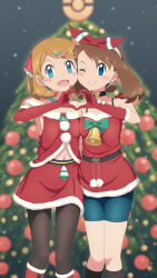 Rule 34 | 2girls, :d, ;), absurdres, alternate costume, bead necklace, beads, bike shorts, blue eyes, blurry, blurry background, blush, bow hairband, brown hair, christmas, christmas tree, closed mouth, commentary, creatures (company), earrings, elbow gloves, game freak, gloves, hair ornament, hairband, hairclip, hand up, heart, heart hands, highres, jewelry, looking at viewer, may (pokemon), multiple girls, necklace, nintendo, one eye closed, open mouth, pantyhose, pokemon, pokemon (anime), pokemon journeys, pokemon oras, red gloves, red skirt, santa costume, scarletsky, serena (pokemon), skirt, smile