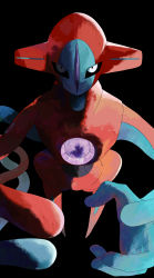 Rule 34 | absurdres, artist request, black background, creatures (company), deoxys, deoxys (normal), expressionless, game freak, gen 3 pokemon, highres, looking at viewer, mythical pokemon, nintendo, no humans, pokemon, pokemon (creature), shaded face, simple background, solo