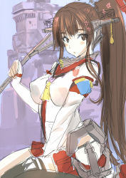 Rule 34 | 10s, 1girl, akasaai, bare shoulders, blush, breasts, brown hair, hair ornament, highres, hip vent, japanese clothes, kantai collection, large breasts, long hair, looking at viewer, personification, ponytail, smile, solo, very long hair, yamato (kancolle)