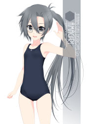 Rule 34 | 1girl, amagiri (kancolle), artist name, asymmetrical bangs, black one-piece swimsuit, blush, character name, collarbone, cowboy shot, eyes visible through hair, flat chest, glasses, grey-framed eyewear, grey eyes, grey hair, hair between eyes, highres, inaba shiki, kantai collection, long hair, looking at viewer, new school swimsuit, one-piece swimsuit, ponytail, school swimsuit, simple background, solo, standing, swimsuit, very long hair, white background