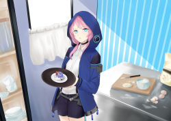 Rule 34 | 1girl, arknights, blue jacket, blue poison (arknights), blue poison (elite ii) (arknights), blueberry, cake, commentary request, cup, cutting board, dessert, egg, eggshell, food, fruit, highres, holding, holding plate, hood, hooded jacket, horizontal pupils, indoors, jacket, looking at viewer, pink hair, plate, shirt, shorts, solo, twintails, white shirt