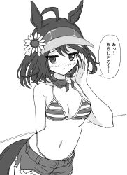 Rule 34 | absurdres, animal ears, blue archive, blush, breasts, cleavage, collarbone, commentary request, cosplay, flower-shaped hair, greyscale, gryebooks, highres, horse ears, horse tail, izuna (blue archive), izuna (blue archive) (cosplay), izuna (swimsuit) (blue archive), kitasan black (umamusume), medium breasts, monochrome, navel, open mouth, scarf, shorts, swimsuit, tail, translation request, umamusume, white background