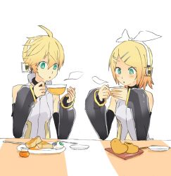 Rule 34 | 1boy, 1girl, aqua eyes, bare shoulders, black sleeves, blonde hair, blowing, choker, commentary, cup, d futagosaikyou, detached sleeves, food, fork, headphones, highres, hiyoko manjuu, holding, holding cup, kagamine len, kagamine len (append), kagamine rin, kagamine rin (append), knife, light blush, pancake, plate, shirt, short hair, sitting, sketch, sleeveless, sleeveless shirt, spiked hair, steam, upper body, vocaloid, vocaloid append, white shirt