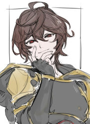 Rule 34 | 1boy, ahoge, armor, breastplate, brown hair, commentary request, empty eyes, evil smile, fingerless gloves, gloves, granblue fantasy, hair between eyes, hand on own cheek, hand on own face, highres, hood, hood down, looking at viewer, male focus, messy hair, red eyes, sandalphon (granblue fantasy), short hair, shoulder armor, sketch, smile, smug, solo, tekki (tki), unfinished, upper body, white background