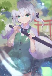 Rule 34 | 1girl, alternate hairstyle, black bow, black bowtie, blurry, blurry background, bow, bowtie, closed mouth, collared shirt, commentary request, cowboy shot, ghost, green eyes, green skirt, green vest, grey hair, highres, holding, holding sword, holding weapon, konpaku youmu, konpaku youmu (ghost), long hair, looking at viewer, low twintails, matcha yado, outdoors, sheath, shirt, short sleeves, skirt, solo, standing, sword, torii, touhou, twintails, unsheathing, vest, weapon, white shirt