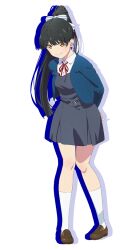 Rule 34 | 1girl, arms behind back, black hair, blazer, blue jacket, bow, brown footwear, closed mouth, collared shirt, dress, drop shadow, full body, grey dress, hair bow, hazuki ren, high ponytail, jacket, loafers, long hair, long sleeves, looking at viewer, love live!, love live! superstar!!, neck ribbon, official art, open clothes, open jacket, pinafore dress, red ribbon, ribbon, school uniform, shirt, shoes, short dress, sleeveless, sleeveless dress, smile, socks, solo, standing, striped bow, transparent background, white bow, white shirt, white socks, winter uniform, yellow eyes, yuigaoka school uniform