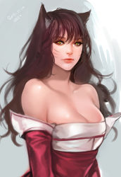 Rule 34 | 10s, 1girl, 2015, ahri (league of legends), animal ears, bare shoulders, breasts, brown hair, cleavage, collarbone, dated, detached sleeves, facial mark, korean clothes, large breasts, league of legends, lemon89h, lips, long hair, looking at viewer, looking to the side, smile, solo, upper body, wavy hair, whisker markings, yellow eyes