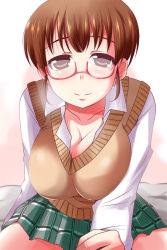 Rule 34 | 1girl, breasts, cleavage, collarbone, commentary request, downblouse, glasses, highres, large breasts, long sleeves, looking at viewer, nishi koutarou, original, red-framed eyewear, school uniform, shirt, skirt, smile, solo, sweat, uniform, vest