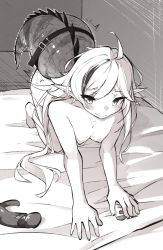 Rule 34 | 1girl, absurdres, ahoge, all fours, arknights, blush, breasts, crocodilian tail, dildo, greyscale, highres, indoors, looking at viewer, monochrome, multicolored hair, nipples, on bed, sex toy, small breasts, smile, solo, streaked hair, sweat, tail, tail stand, togekk0, tomimi (arknights)