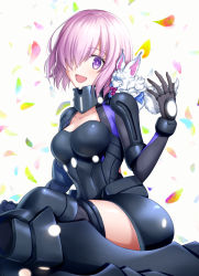 Rule 34 | 1girl, armor, armored dress, black armor, black leotard, black thighhighs, breasts, cleavage, elbow gloves, fate/grand order, fate (series), fou (fate), gloves, hair over one eye, leotard, light purple hair, looking at viewer, mash kyrielight, mash kyrielight (ortenaus), medium breasts, nina (pastime), pink hair, purple eyes, shield, short hair, thighhighs
