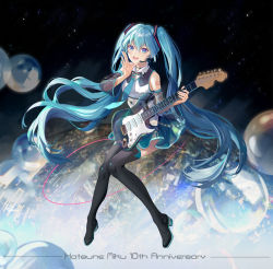 Rule 34 | 1girl, achyue, anniversary, aqua hair, blue eyes, boots, character name, detached sleeves, electric guitar, full body, guitar, hatsune miku, headset, highres, instrument, long hair, necktie, open mouth, revision, skirt, solo, thigh boots, thighhighs, twintails, very long hair, vocaloid