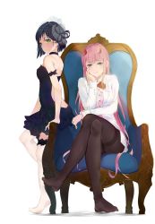 Rule 34 | 10s, 2girls, alternate costume, aqua eyes, backless outfit, bad id, bad pixiv id, bare shoulders, black dress, black hair, black pantyhose, breasts, chair, choker, collared shirt, crossed legs, darling in the franxx, dress, feet, frilled dress, frills, green eyes, hair net, hairband, head rest, highres, horns, ichigo (darling in the franxx), kasugano (11955672), long hair, long sleeves, looking at viewer, medium breasts, multiple girls, no shoes, pantyhose, pink hair, pink shirt, shirt, short hair, simple background, sitting, standing, thigh strap, white background, white shirt, zero two (darling in the franxx)