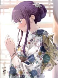 Rule 34 | 1girl, alternate costume, alternate hairstyle, blunt bangs, bracelet, butterfly hair ornament, closed mouth, commentary request, fern (sousou no frieren), floral print, floral print kimono, from side, hair bun, hair ornament, hatsumoude, highres, japanese clothes, jewelry, kimono, long hair, new year, obi, omichi 1219, own hands clasped, own hands together, praying, print kimono, purple eyes, purple hair, sash, shrine, sidelocks, sousou no frieren, torii, upper body, white kimono, wide sleeves