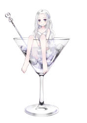 Rule 34 | 1girl, 54hao, bare arms, bare legs, bare shoulders, barefoot, c:, closed mouth, cocktail, cocktail glass, collarbone, cup, dress, drinking glass, forehead, half updo, highres, ice, in container, in cup, legs, long hair, looking at viewer, original, partially submerged, short dress, grey eyes, simple background, sitting, sleeveless, sleeveless dress, smile, solo, spaghetti strap, toothpick, water, wavy hair, white background, white dress, white hair