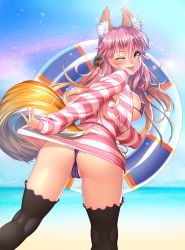 Rule 34 | 1girl, ;p, animal ears, arm behind back, ass, beach, bikini, black thighhighs, blue bikini, cameltoe, cleft of venus, clothing cutout, day, ears through headwear, fate/grand order, fate (series), fox ears, fox tail, highres, innertube, jacket, kneepits, looking at viewer, looking back, lucknight, micro bikini, official alternate costume, one eye closed, outdoors, purple bikini, solo, striped clothes, striped jacket, swim ring, swimsuit, tail, tail through clothes, tamamo (fate), tamamo no mae (fate/extra), tamamo no mae (spring casual) (fate), tamamo no mae (swimsuit lancer) (fate), thighhighs, thong, tongue, tongue out