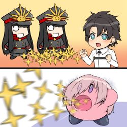Rule 34 | 1boy, 2girls, black coat, black hair, black headwear, blue eyes, blush, chibi, clenched hands, coat, commentary request, copy ability, cosplay, fate/grand order, fate (series), fujimaru ritsuka (male), hair over one eye, hat, highres, kirby, kirby (series), kitsunerider, mash kyrielight, mash kyrielight (cosplay), multiple girls, nintendo, oda nobunaga (fate), open mouth, peaked cap, pink hair, purple eyes, short hair, smile, star (symbol), upper body