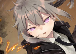 Rule 34 | 1girl, black jacket, black necktie, brown background, collared shirt, cropped, dutch angle, girls&#039; frontline, gou (double trigger), grey hair, hair between eyes, jacket, lowres, m200 (girls&#039; frontline), medium hair, necktie, open mouth, purple eyes, shirt, solo, sparks, upper body, white shirt, zipper