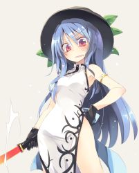 Rule 34 | 1girl, alternate costume, armband, armpits, black gloves, blue hair, blush, breasts, china dress, chinese clothes, clothing cutout, dress, gloves, hair between eyes, hand on own hip, hat, hinanawi tenshi, leaf, leg cutout, long hair, looking at viewer, red eyes, revision, satou kibi, side slit, sidelocks, sleeveless, small breasts, solo, sweatdrop, sword, sword of hisou, touhou, very long hair, wavy mouth, weapon