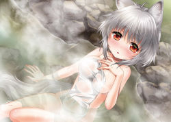 Rule 34 | 1girl, :o, animal ears, blush, breasts, covering privates, grey hair, inubashiri momiji, kei kei, large breasts, looking at viewer, naked towel, nude cover, onsen, partially submerged, red eyes, short hair, sitting, solo, tail, touhou, towel, water, wolf ears, wolf tail