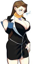 Rule 34 | 1girl, ace attorney, beckoning, breasts, breasts out, brown hair, capcom, cleavage, clipboard, curvy, earrings, grey eyes, highres, huge breasts, jacket, jewelry, long hair, magatama, mia fey, open clothes, open jacket, scarf, shiny skin, skirt, smile, thighs, unzipped, zillionaire, zipper