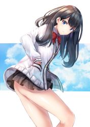 Rule 34 | 10s, 1girl, ass, black hair, black skirt, blue sky, bow, bowtie, cardigan, cloud, cloudy sky, collared shirt, commentary request, day, dress shirt, gridman universe, hand in pocket, leaning forward, long hair, looking at viewer, microskirt, miniskirt, no panties, pleated skirt, purple eyes, red bow, red bowtie, shirt, skirt, sky, solo, ssss.gridman, takarada rikka, toshi (1-147), white background, white cardigan, white shirt