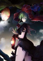 Rule 34 | 1girl, absurdres, black dress, bone, boroe, bow, carrying, closed mouth, cloud, cowboy shot, dress, front-tie top, front ponytail, green eyes, green hair, hair bow, hat, highres, kagiyama hina, lantern, lefthand, light, long hair, looking at viewer, matching hair/eyes, night, pointing, puffy short sleeves, puffy sleeves, red bow, red hat, ribbon, short sleeves, sky, solo, standing, thighs, torn clothes, torn dress, torn sleeves, touhou, upskirt, wrist ribbon