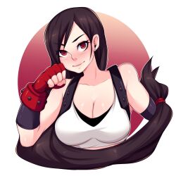 Rule 34 | 1girl, 5-ish (crevettavt), bare shoulders, black hair, border, breasts, cleavage, closed mouth, commentary, ear piercing, english commentary, final fantasy, final fantasy vii, fingerless gloves, gloves, gradient background, highres, large breasts, long hair, outside border, piercing, red background, red eyes, red gloves, round border, simple background, smile, solo, tifa lockhart, upper body, white border