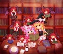 Rule 34 | 10s, 6+girls, :d, = =, ^ ^, apron, bat wings, black skirt, blush, book, bookshelf, bow, cameo, chibi, chibi on head, clone, closed eyes, coffee, coffee cup, crescent, crystal ball, cup, demon tail, disposable cup, embodiment of scarlet devil, female focus, floating, hair bow, hand on own hip, hat, hat bow, head wings, hip focus, holding, holding book, kaname madoka, kirisame marisa, koakuma, library, long hair, mahou shoujo madoka magica, mahou shoujo madoka magica (anime), miniskirt, multiple girls, multiple persona, necktie, no mouth, notepad, object on head, on head, open book, open mouth, patchouli knowledge, person on head, purple eyes, purple hair, quill, reading, red eyes, red hair, sasshii, skirt, smile, tail, touhou, vest, voile, waist apron, wings, witch, witch hat