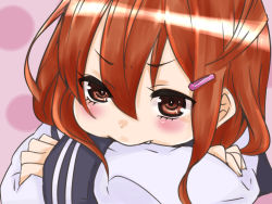 Rule 34 | 10s, 1girl, absurdres, bad id, bad pixiv id, blush stickers, brown eyes, brown hair, crossed arms, fang, fang out, hair between eyes, hair ornament, hairclip, head on arm, highres, ikazuchi (kancolle), kantai collection, mitsudoue, pout, short hair, solo