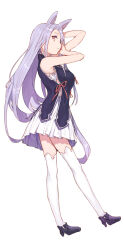 Rule 34 | 1girl, animal ears, arms up, bare arms, black footwear, black shirt, brown eyes, closed mouth, fifuth, full body, highres, long hair, looking at viewer, orange ribbon, original, pleated skirt, profile, purple hair, rabbit ears, ribbon, shirt, shoes, simple background, skirt, sleeveless, sleeveless shirt, solo, standing, tachi-e, thighhighs, white background, white skirt, white thighhighs