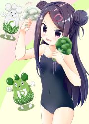 Rule 34 | 1girl, arm up, bare arms, blue one-piece swimsuit, blush, broccoli, buck teeth, commentary request, competition school swimsuit, covered navel, cowboy shot, double bun, food, gloves, hair bun, hair ornament, heart, heart hair ornament, highres, holding, holding food, holding vegetable, inakami, leaf, long hair, multicolored background, ochikobore fruit tart, one-piece swimsuit, open mouth, purple eyes, purple hair, school swimsuit, sekino roko, signature, standing, swimsuit, teeth, vegetable, very long hair, wavy mouth, whiskers, white gloves