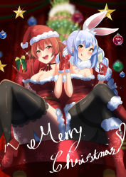 Rule 34 | 2girls, :d, abi (abimel10), absurdres, alcohol, alternate costume, animal ear fluff, animal ears, bare shoulders, black pantyhose, black thighhighs, blue hair, blurry, blurry background, blush, boots, braid, breasts, carrot hair ornament, champagne, champagne flute, christmas, christmas tree, commentary request, crossed legs, cup, don-chan (usada pekora), drinking glass, food-themed hair ornament, fur trim, gift, gloves, hair ornament, hat, heterochromia, highres, holding, hololive, houshou marine, large breasts, long hair, looking at viewer, medium breasts, merry christmas, multicolored hair, multiple girls, open mouth, panties, panties under pantyhose, pantyhose, partial commentary, rabbit ears, rabbit girl, red eyes, red gloves, red hair, red legwear, red shirt, ribbon, santa costume, santa hat, shirt, sitting, smile, thick eyebrows, thighband pantyhose, thighhighs, thighs, tongue, tongue out, twin braids, twintails, two-tone hair, underwear, usada pekora, virtual youtuber, white hair, yellow eyes