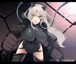 Rule 34 | 1girl, breasts, female focus, gloves, grey hair, large breasts, long hair, nicole pmonachi, original, pixiv, skin tight, solo, thighhighs, white hair, yellow eyes