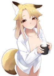 Rule 34 | 1girl, animal ear fluff, animal ears, ariyoshi gen, blonde hair, breasts, cleavage, closed mouth, collarbone, cowboy shot, cup, fox ears, fox girl, fox tail, holding, holding cup, long hair, long sleeves, looking at viewer, naked shirt, orange eyes, original, parted lips, shirt, simple background, small breasts, smile, solo, standing, steam, tail, thick eyebrows, white background, white shirt
