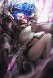 Rule 34 | 1girl, :d, absurdres, arknights, black jacket, black shorts, blue eyes, blue hair, blue tongue, colored tongue, commentary request, feet out of frame, highres, horns, jacket, looking at viewer, mostima (arknights), navel, onedr, open clothes, open jacket, open mouth, shirt, short shorts, shorts, smile, solo, white shirt