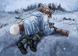 Rule 34 | 1girl, animal ears, boots, brown eyes, brown hair, fox ears, fox girl, fox girl (yihan1949), fox tail, gloves, gun, highres, holding, holding weapon, looking at viewer, looking back, military uniform, original, ponytail, rifle, scope, sniper rifle, snow, solo, squatting, tail, uniform, weapon, winter, winter clothes, yihan1949