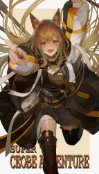 Rule 34 | 1girl, :d, absurdres, animal ears, arknights, arm up, boots, breasts, brown eyes, brown footwear, brown hair, ceobe (arknights), character name, commentary, cowboy shot, dog ears, dog girl, dress, dutan baopo, english text, fang, floating hair, hair between eyes, hand up, highres, holding, holding staff, index finger raised, jacket, long hair, long sleeves, looking at viewer, material growth, multicolored clothes, multicolored jacket, multiple straps, multiple weapons, open clothes, open jacket, open mouth, oripathy lesion (arknights), pointing, pointing at viewer, red eyes, running, shoulder guard, sidelocks, skin fang, smile, solo, staff, thigh boots, thighhighs, thighs, very long hair, weapon, weapon on back, white jacket