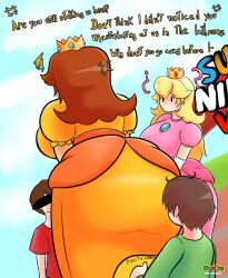 Rule 34 | 2boys, 2girls, ?, age difference, angry, ass, bar censor, blonde hair, breasts, brown eyes, censored, clothes, covered eyes, crown, english text, highres, horndog, huge ass, huge breasts, long hair, mario (series), medium hair, multiple boys, multiple girls, nintendo, princess, princess daisy, princess peach, robe, short hair, size difference
